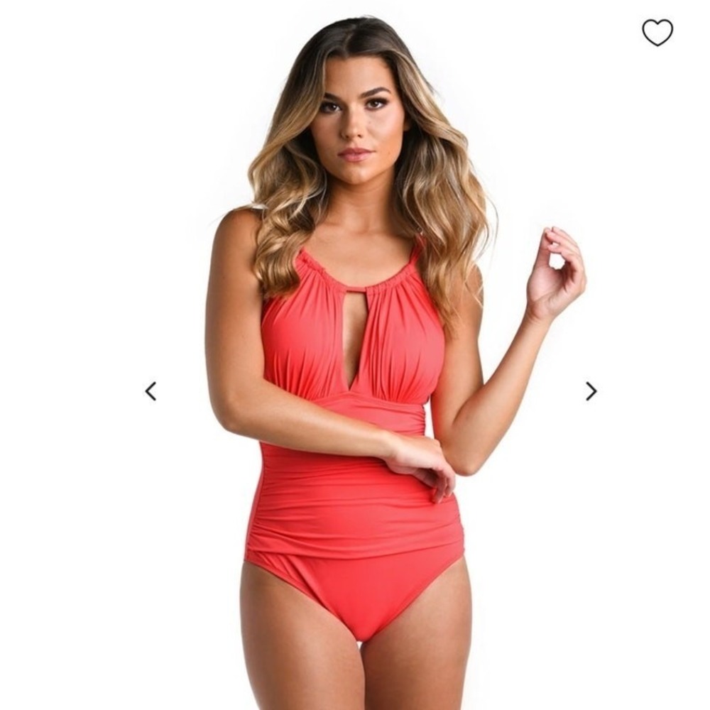 La Blanca One-Piece Swimsuit Size 14 Island Goddess High Neck Keyhole Orange‎